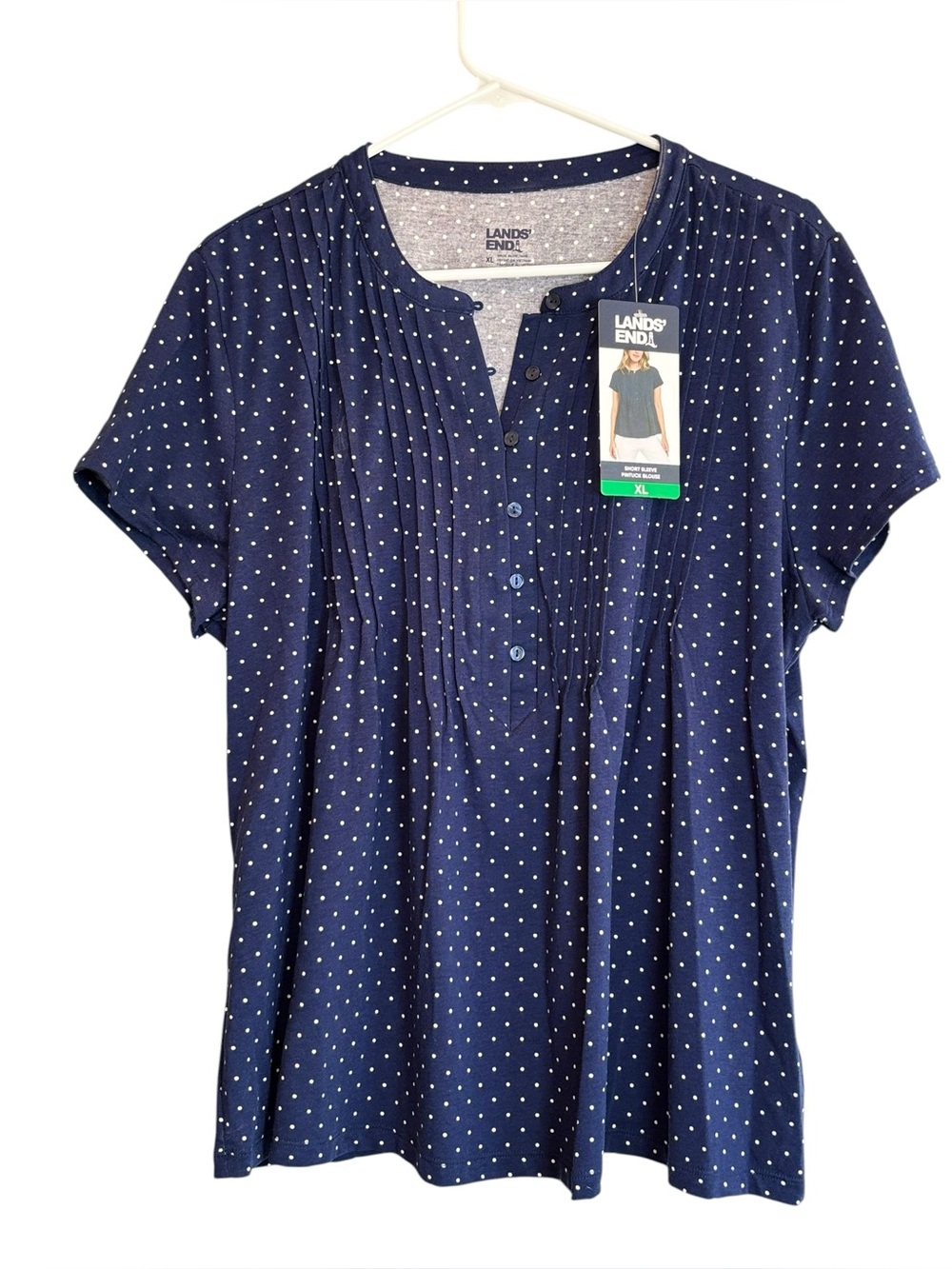 NEW Lands’ End XL Navy Polka Dot Pintuck Blouse Short Sleeve Cotton Modal Top